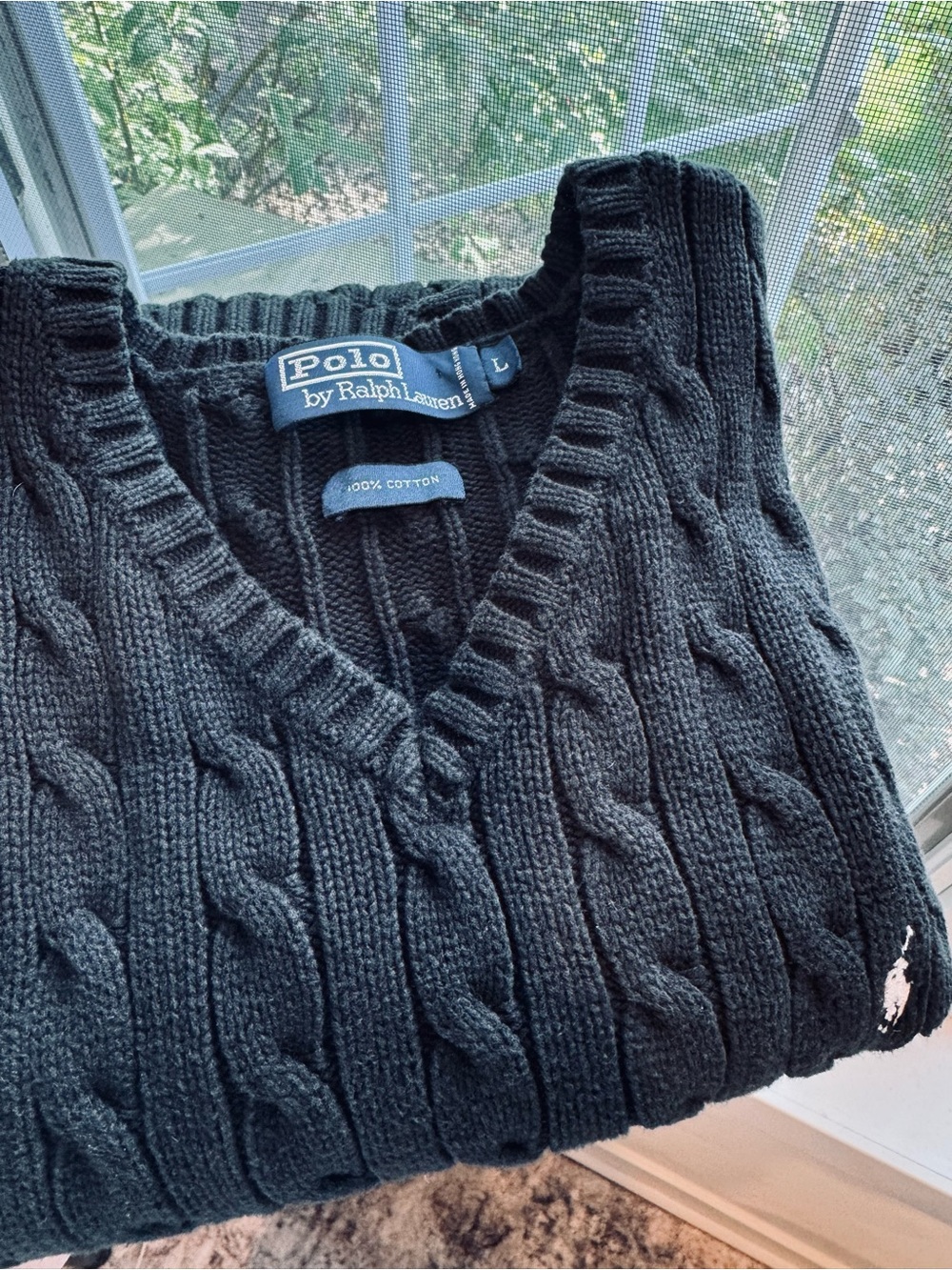 Polo Ralph Lauren Vintage EUC Cable Knit V-Neck Sweater Vest Black 100% Cotton L